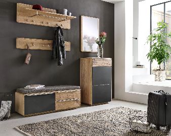 Garderobe Novum Wildeiche Altholz Schwarz Set Schuhschrank Bank Paneel Spiegel