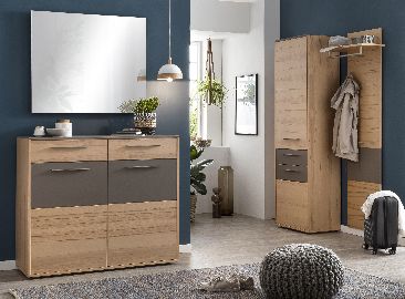 Diele No Limit Hochschrank Schuhschrank Paneel Spiegel Kernbuche Granit Set